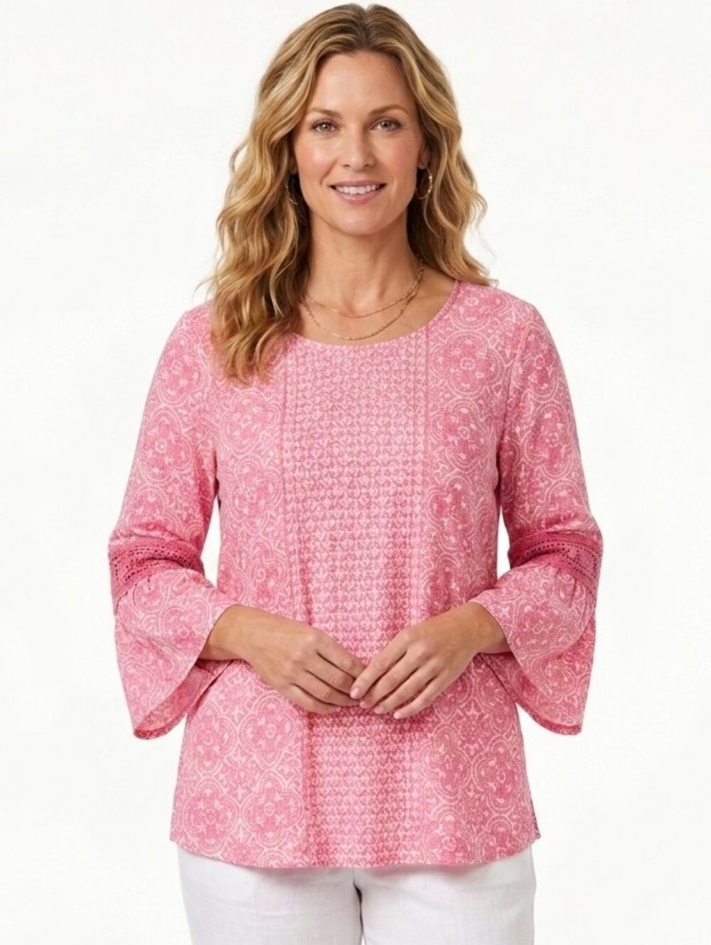 Kim Rogers Boho Mosaic Pink & White Crochet Bell Sleeve Top Size 3X EUC